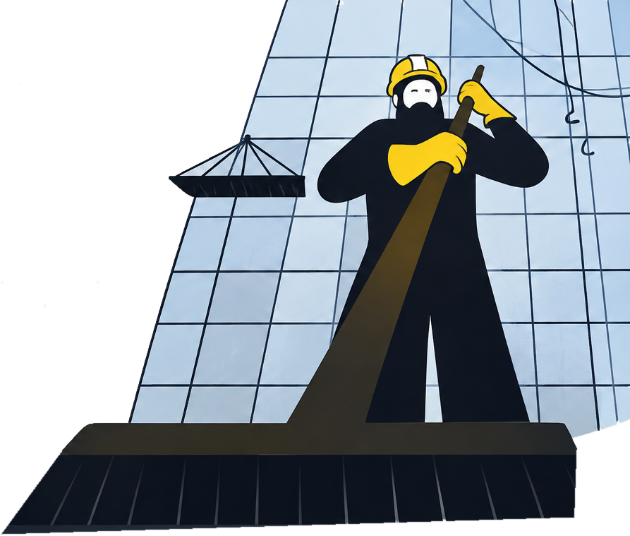 Illustration of a professional window cleaner in a yellow hard hat sweeping in front of a glass building